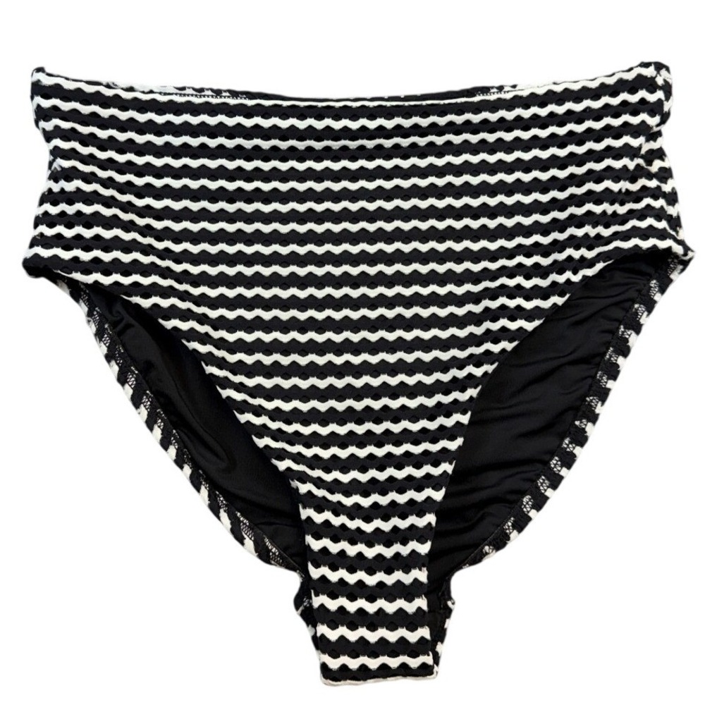 Lands End‎ Womens Black White Wavy Stripe High Waist Bikini Bottom Size M Flaw